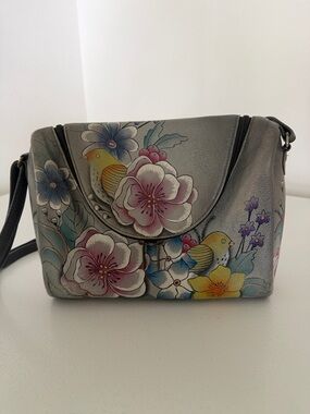Anuschka Gray Leather Floral Crossbody Bag with Multicolor Flowers